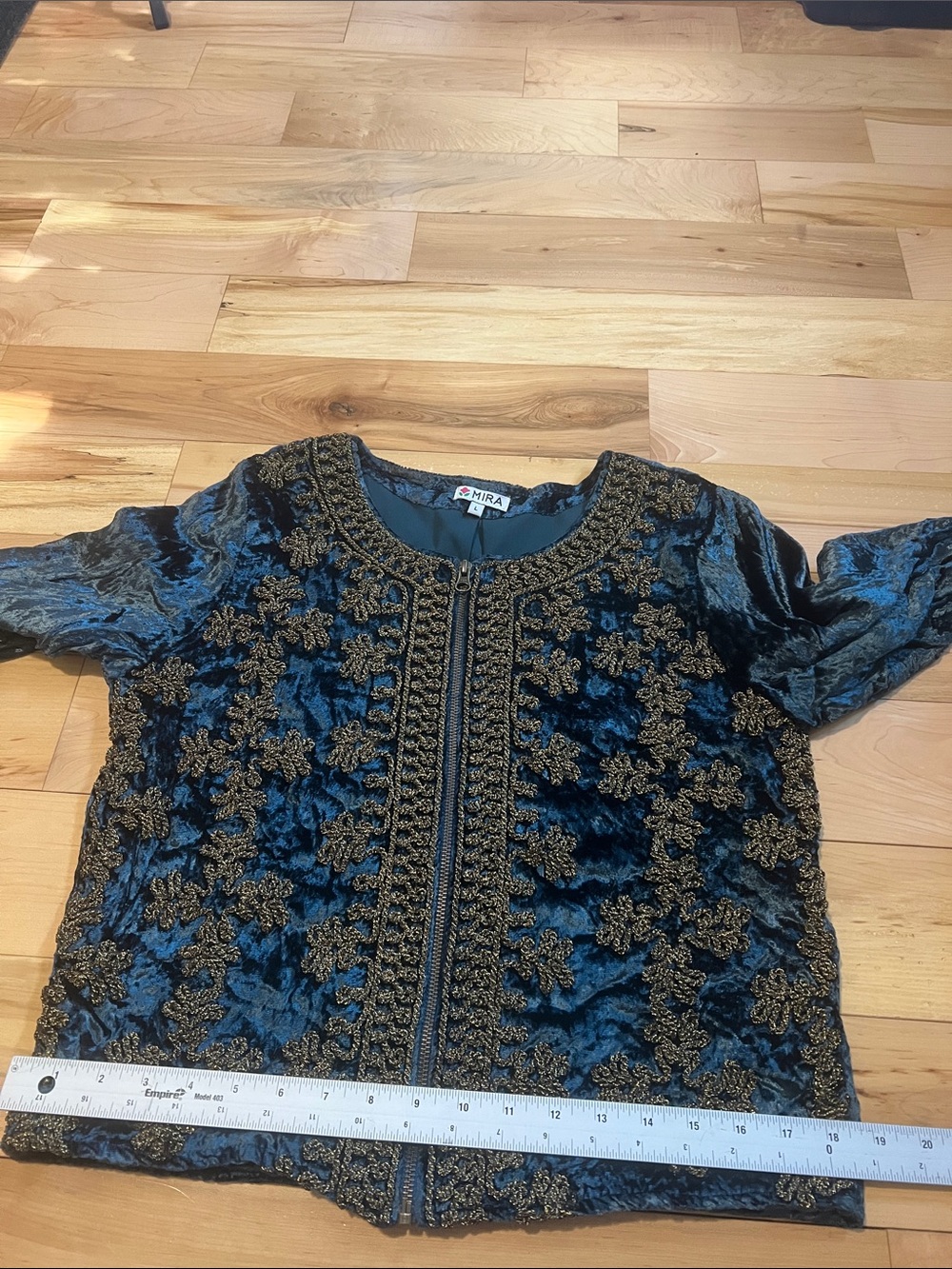 Embroidered Velvet Jacket - Deep Teal with Gold Trim - Picture 4 of 14